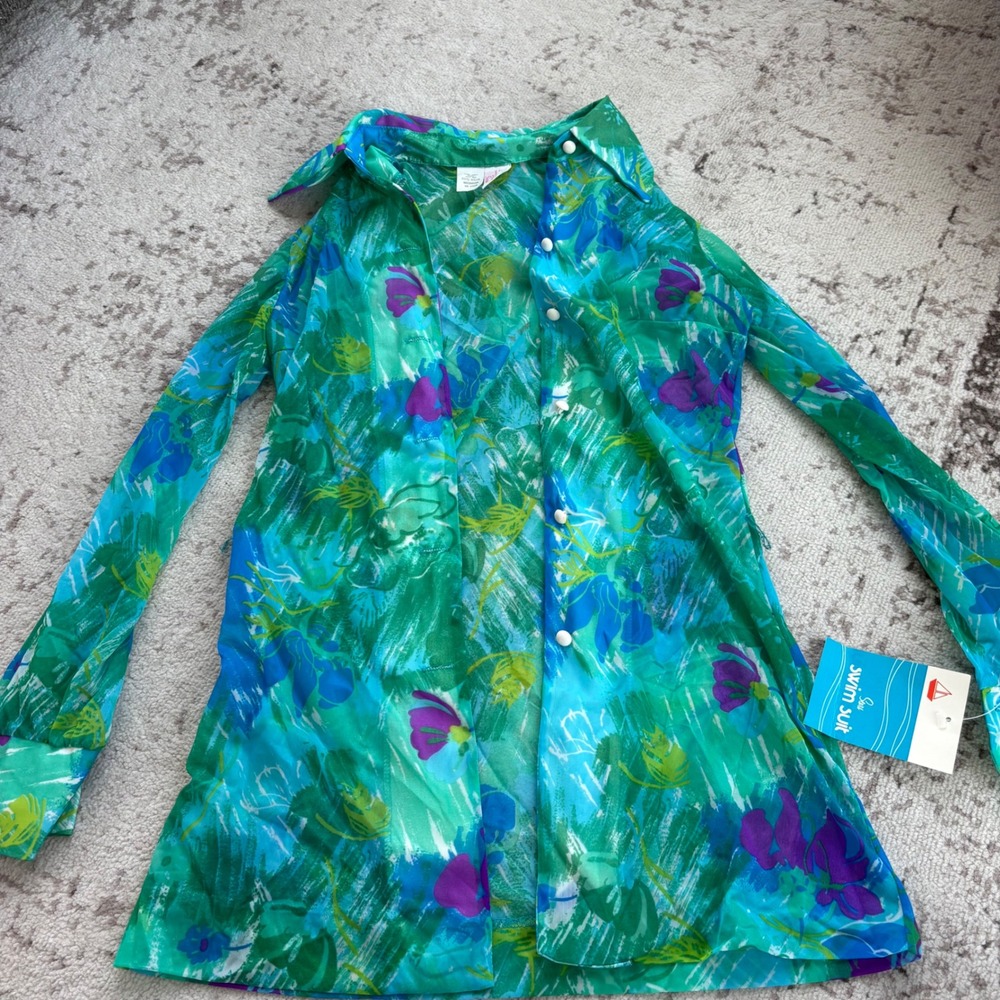 Vintage Sears Floral Swim Suit Cover Up Top Green Blue Purple Sheer Nylon Medium